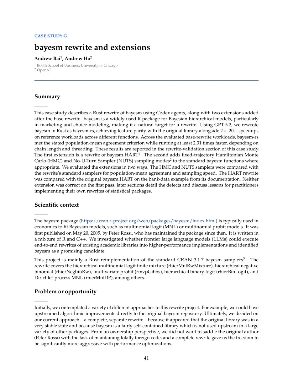 OpenAI field-report page for the bayesm-rs case study
