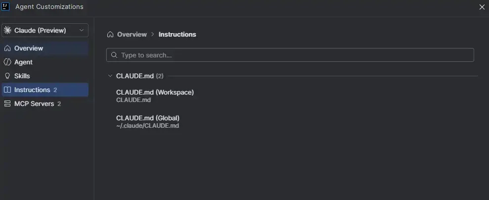 Bảng tùy chỉnh hướng dẫn Claude trong GitHub Copilot for JetBrains