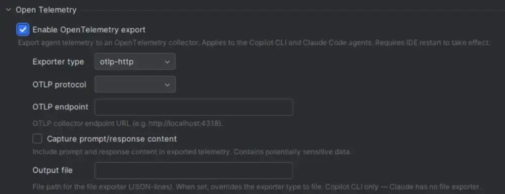 Cửa sổ cấu hình xuất OpenTelemetry trong GitHub Copilot for JetBrains