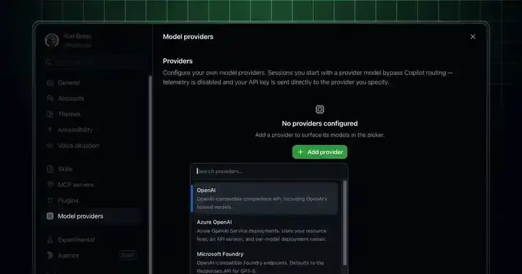 Trang cài đặt Model Providers của GitHub Copilot app hỗ trợ BYOK