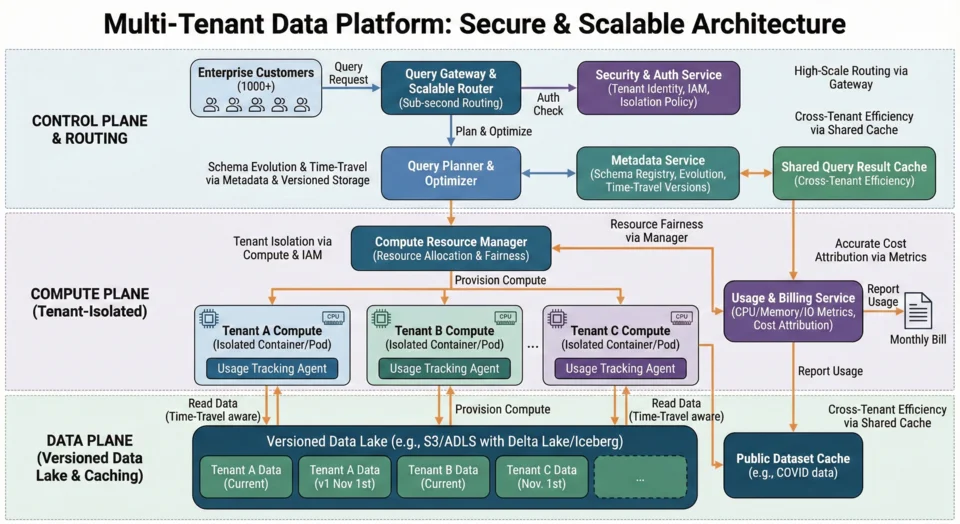 Sơ đồ database multi-tenant với nhiều tenant dùng chung lớp hệ thống
