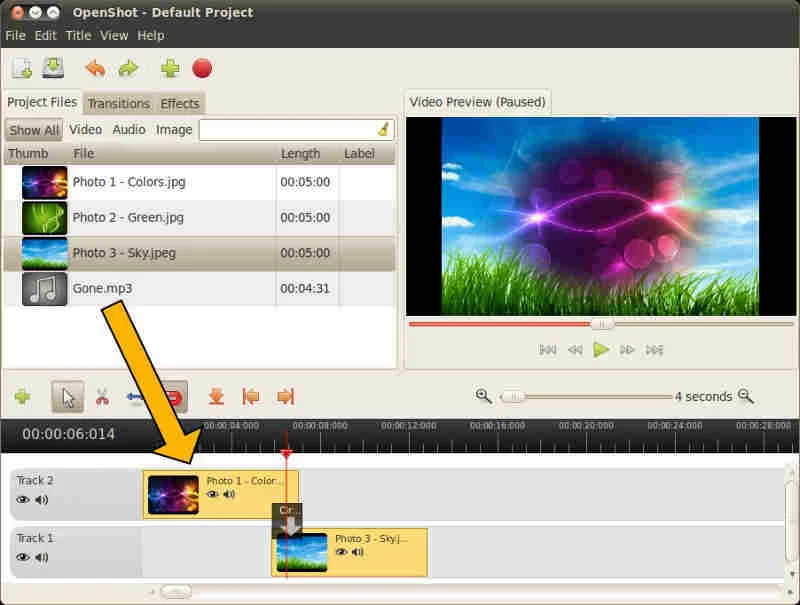 Giao diện OpenShot sắp xếp nhiều ảnh và âm thanh trên timeline video