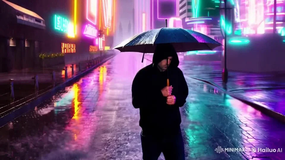 Khung hình video người đàn ông cầm ô trên phố cyberpunk được tạo bằng Hailuo AI của MiniMax
