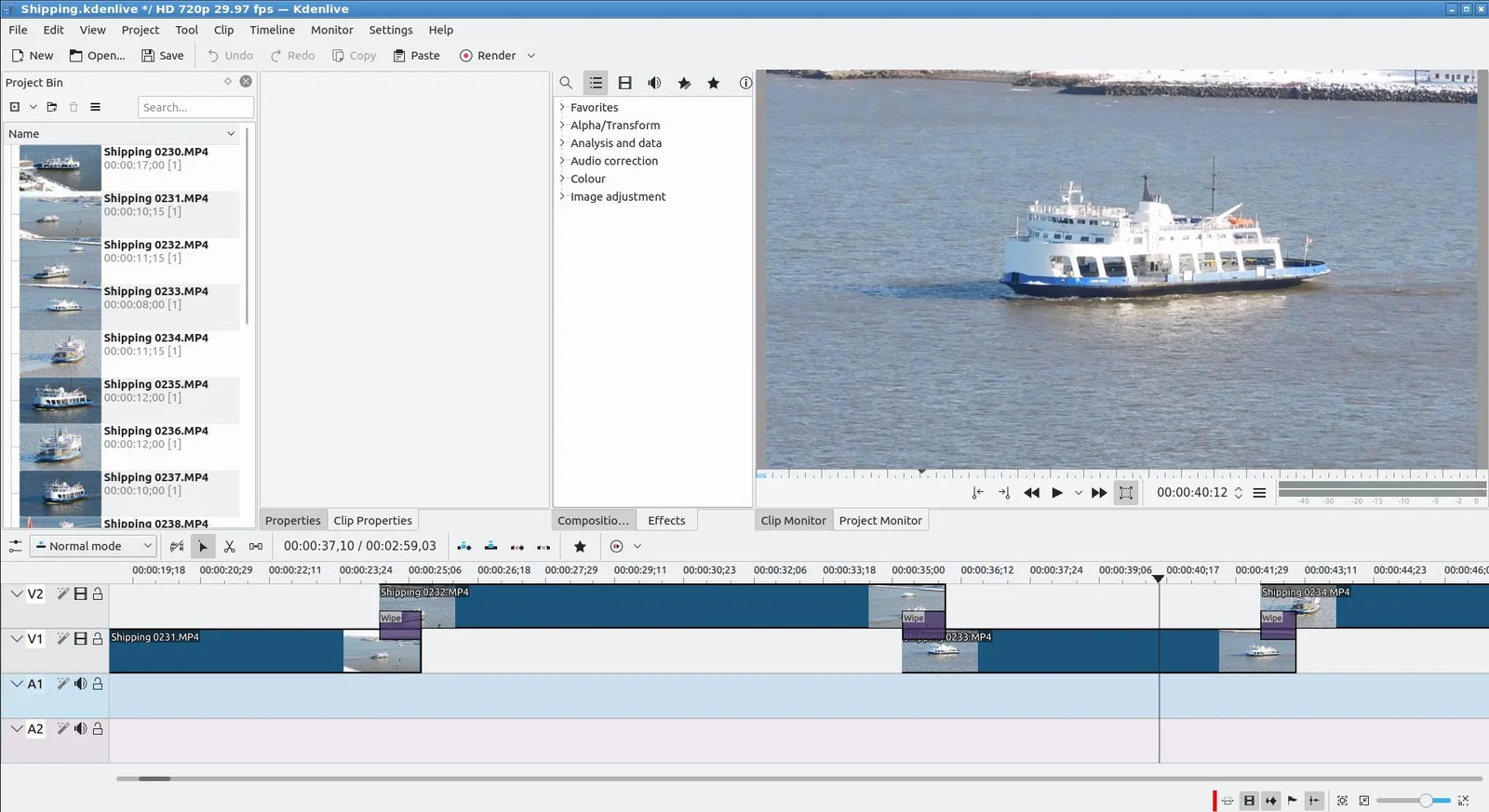 Giao diện biên tập video Kdenlive với preview, media bin và timeline nhiều lớp