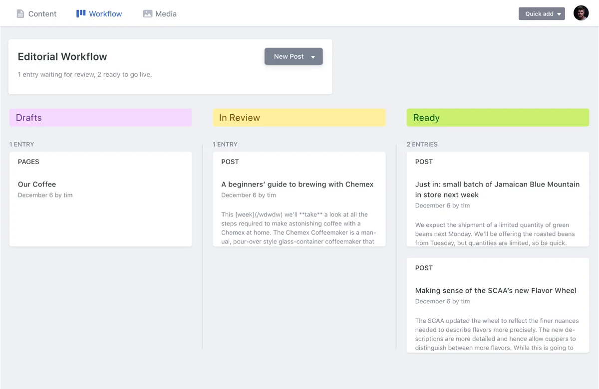 Giao diện editorial workflow theo cột Drafts, In Review và Ready, minh họa trạng thái và điểm duyệt trong content operations